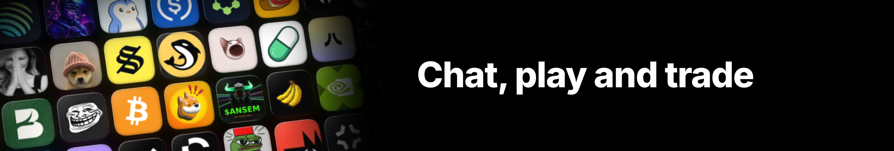 LinkedIn Page cover: the headline “Chat, play and trade” on one line, beside a tilted wall of app icons on black