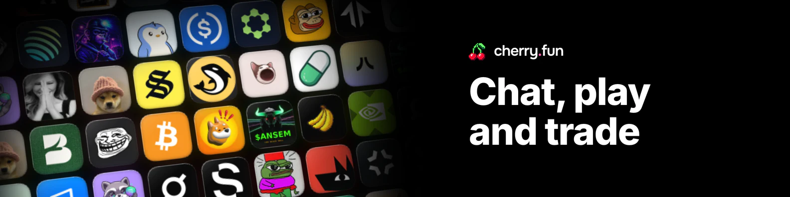 LinkedIn profile banner: the cherry.fun logo over the headline “Chat, play and trade”, beside a tilted wall of app icons on black