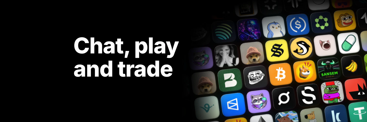 X header: the headline “Chat, play and trade” beside a tilted wall of app icons on black