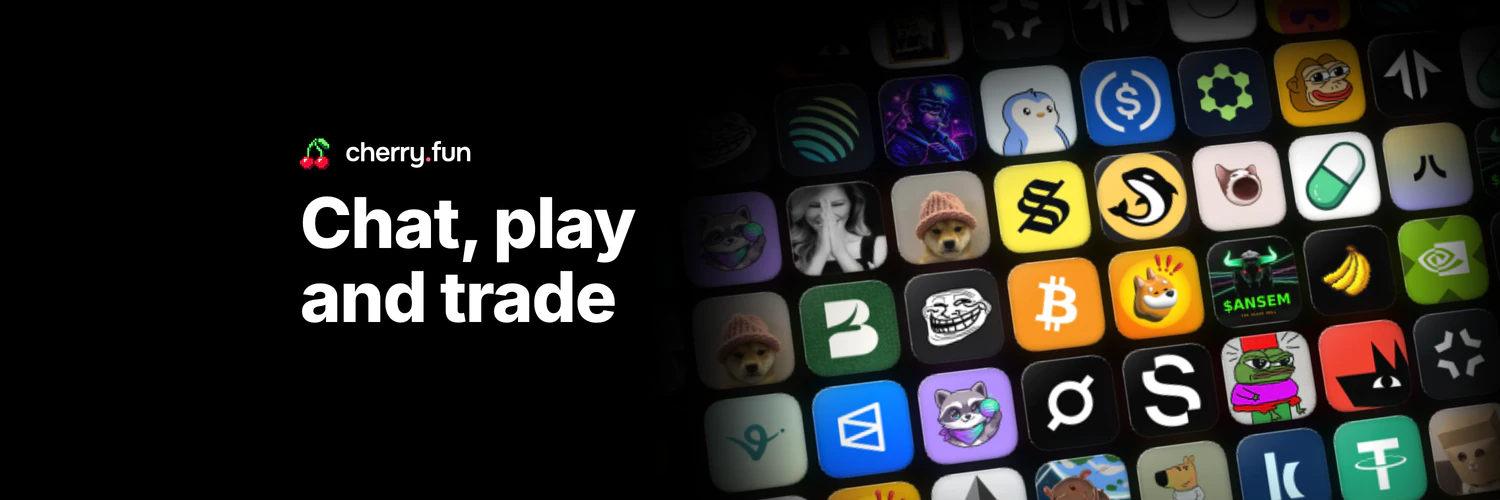 Personal X header: the cherry.fun logo over the headline “Chat, play and trade”, beside a tilted wall of app icons on black